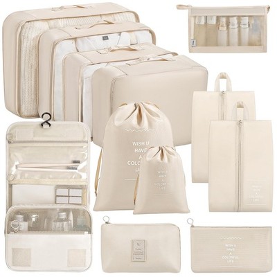Koffer Organizer Set 12-teilig, Packing Cubes Beige, 3 Packwürfel, 740 g, Reise