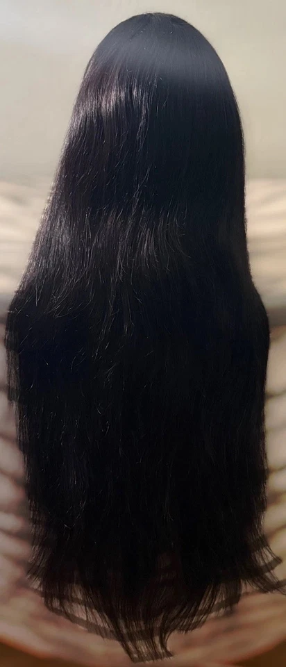 Preciosa peluca frontal de encaje, 28 pulgadas, negro azabache, textura recta, 100 % cabello humano Foto 2 de 4