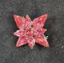 Vintage Pink Rhinestone Star Flower Brooch Pin Marquise Navette Silver Tone