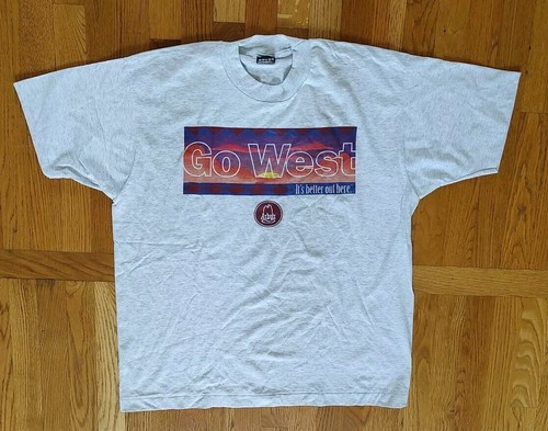 90s Vtg Go West Western Gray T-Shirt Size XL Arbys USA made Single Stitch - Picture 5 of 5