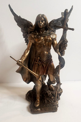 9'' St Gabriel Archangel w Horn & Cross Statue /  Sculpture Antique Bronze Color