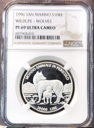 1996 SAN MARINO SILVER 10000 LIRE WILDLIFE WOLVES NGC PF 69 ULTRA CAMEO SCARCE