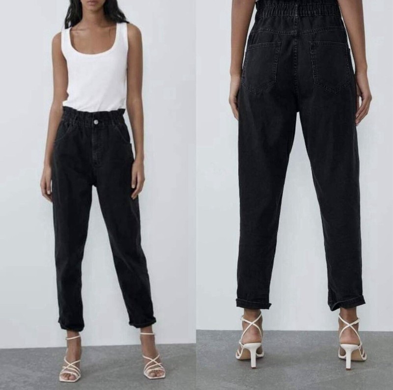 Zara Baggy Paperbag Jeans, Black, size USA 0, S, High Waist, Stretch, Slouchy