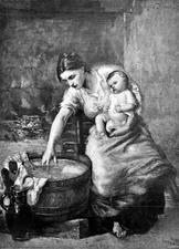 Mom bathes baby. Motherly painting Decor Poster. Home Graphic Art Design 4004