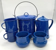 8 piece Vintage Country Blue and White Speckled Enamel Ware Metal Camping Dishes