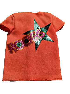 BARBIE and THE ROCKERS BAND Orange T shirt Glitter Print vintage 80's Near Mint