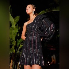 Farm Rio Lurex Stripes Mini Dress One Shoulder Statement Sleeve Sz Med
