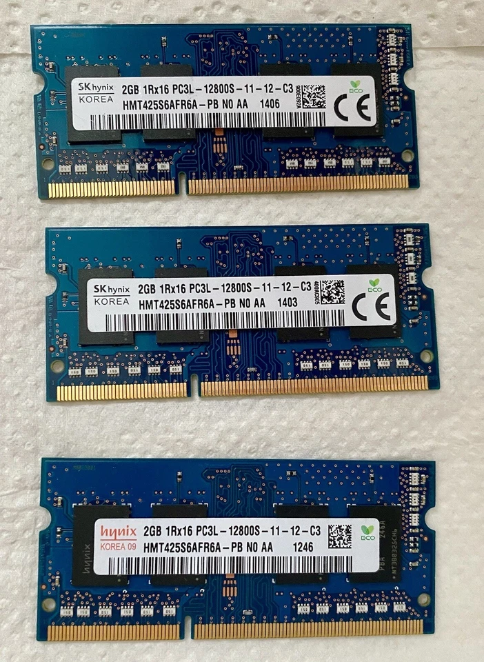 3 x Hynix 2GB = 6 GB 1Rx16 PC3L-12800S Notebook Speicher