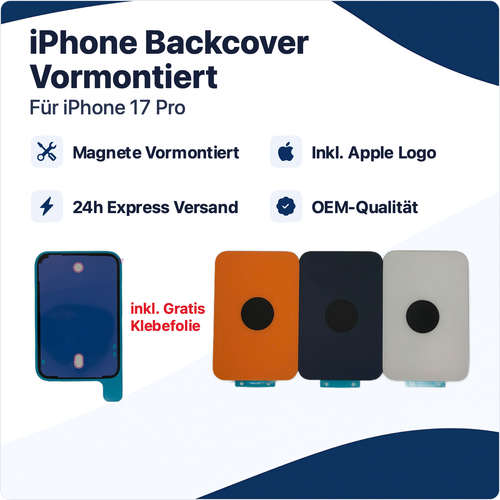 Backcover für iPhone 17 Pro Vormontiert Rückglas Akkudeckel Gehäuse Glas Magnete Blau