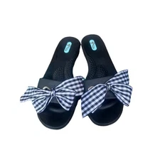 Oka-B Bow Embellished Slides Madison Slide Sandals with Gingham Bows Black and W