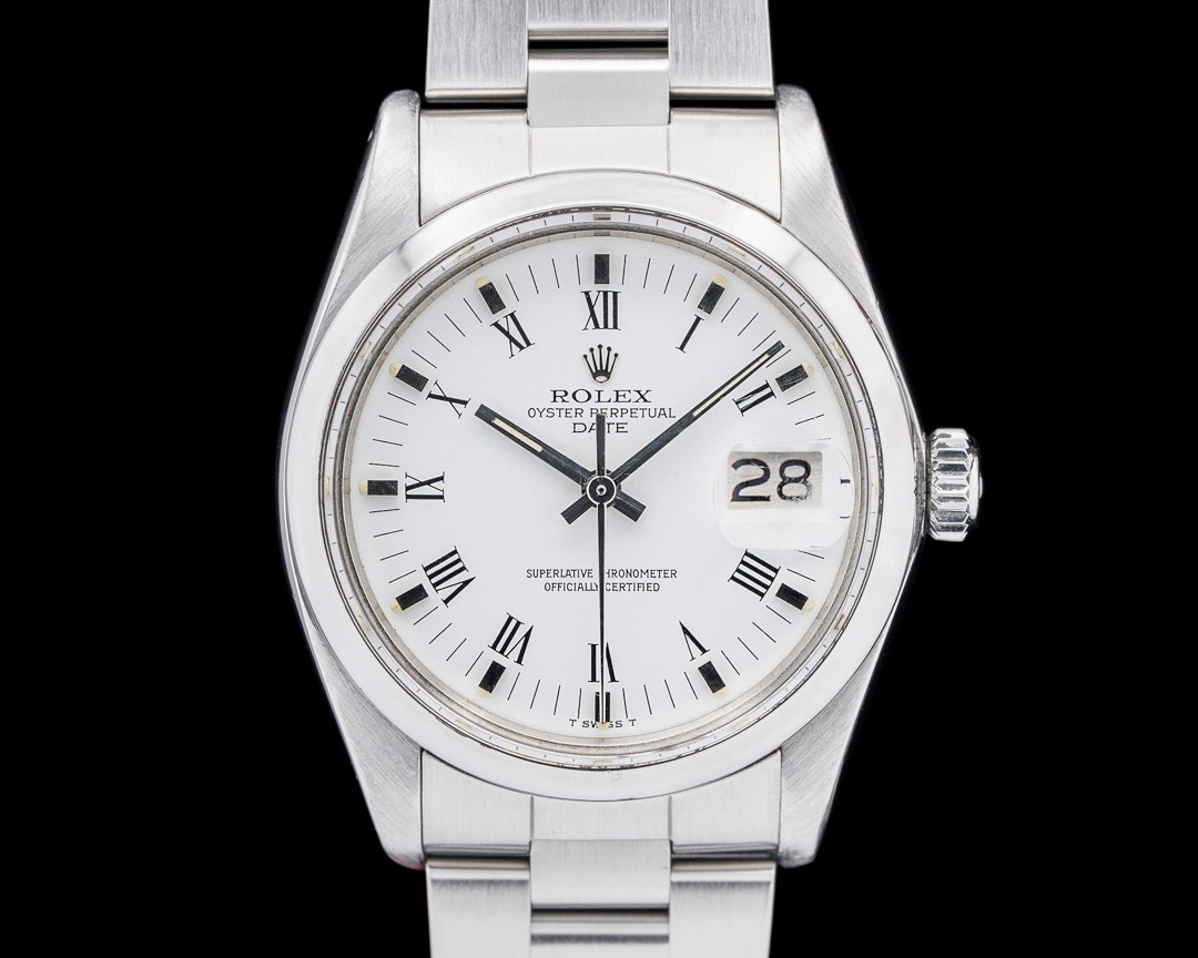 Rolex 1500 Oyster Perpetual Date SS White Roman Dial Circa. 1980