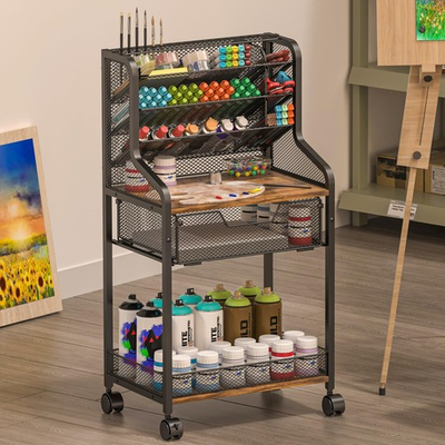 #ad Small Rolling Utility Cart with Drawer Metal Craft Storage Lockable Wheel $77.52