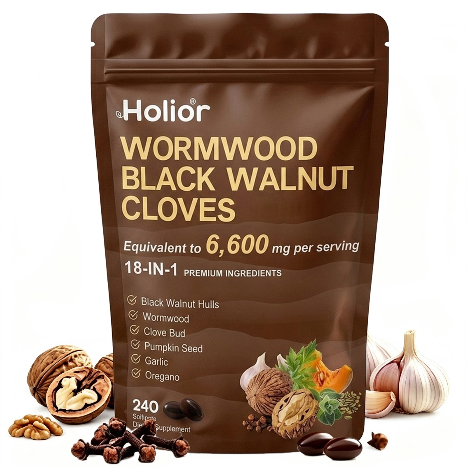 Holior Wormwood Black Walnut Clove Herbal Supplement 240 Softgels
