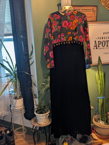 Vtg Vintage 1960s 60s Bernie Bee Black Velvet Poppy Print Cocktail Maxi Dress - Picture 2 of 14