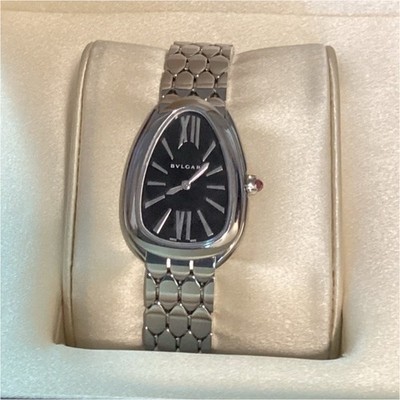 Bvlgari Serpenti Women's Luxury Wristwatch Black Dial Silver Bracelet w/Box