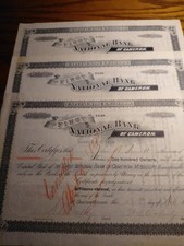 3 First National Bank of Cameron Missouri Stock Certificates. 1890s
