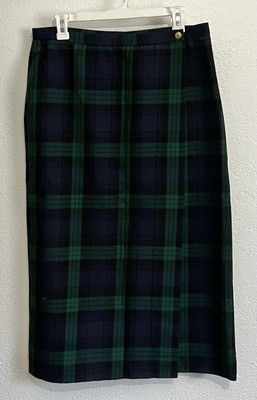 Sz 14 Long Black Watch Tartan Plaid Blue Green British Academia Outlander Skirt