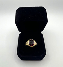10ct Yellow Gold Garnet Signet Ring Red Oval Stone Size U