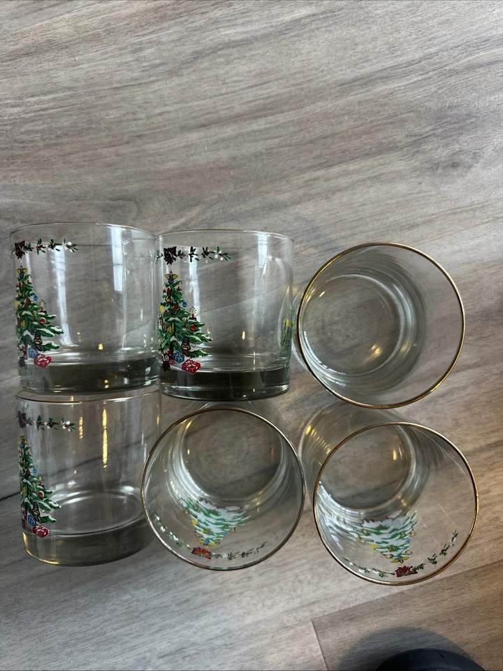 Conjunto vintage de 6 copos de bola baixa de férias árvore de Natal e presentes aro dourado - Imagem 3 de 4