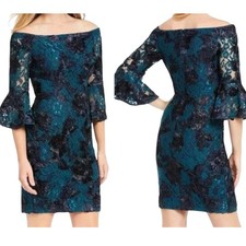NWT Adrianna Papell OFF THE SHOULDER SHEATH COCKTAIL DRESS Navy/Teal Soutache 8