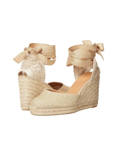 CASTANER Womens Gold Ankle Wrap Tie Carina 80 Toe Wedge Espadrille Shoes 36
