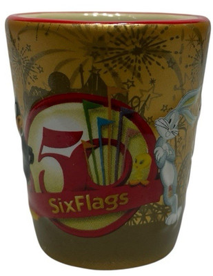 Six Flags 50th Anniversary Gold Shot Glass Looney Tunes Bugs Bunny Limited Ed