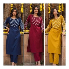 Elegant Embroidered Straight Kurta Set for Women 3/4 Sleeve Cotton Ethnic Wear