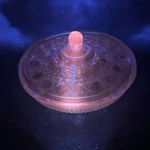 Vintage Indiana Glass Pink Candy Dish-Windsor Button Cane Design Pink Glass-UV