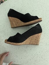 TOMS Women  s Black Open Toe Cork Wedge Sandals Cotton Upper US 8.5