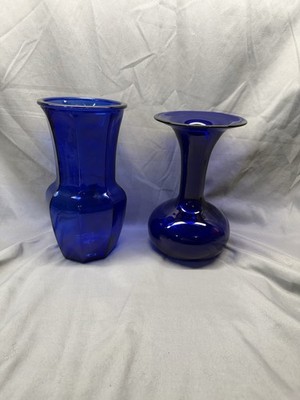 2 - Cobalt Blue Glass Vase 9'' Trumpet Fluted Murano Style Ribbed Vintage Large