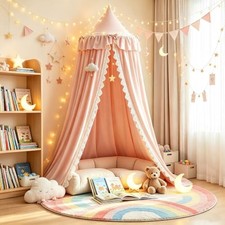 Pink Lace  Bow Decor Princess Canopy for Girls Bed - Soft Ruffled Tent - Pink