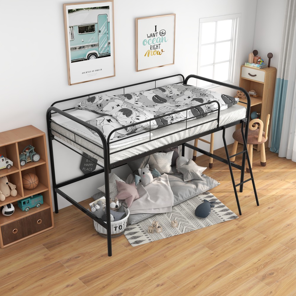 Metal Double Bed with 13 Fixed Metal Plates and Guardrails