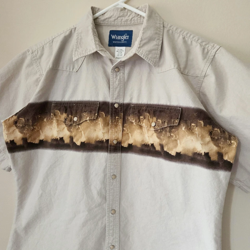 Wrangler Boys XXL (18-20) Western Pearl Snap Short Sleeve Tan Brown Horse Shirt - Image 2 of 4