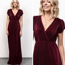 Baltic Born Athena Pleated Maxi Dress Short Sleeve Burgundy Small