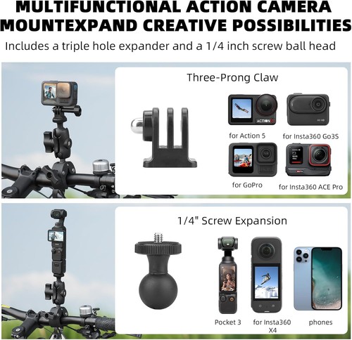 Motorcycle Mount for Insta 360 X4 X5, Bike Handlebar Clamp Mounts 59" Black  - Picture 2 of 7