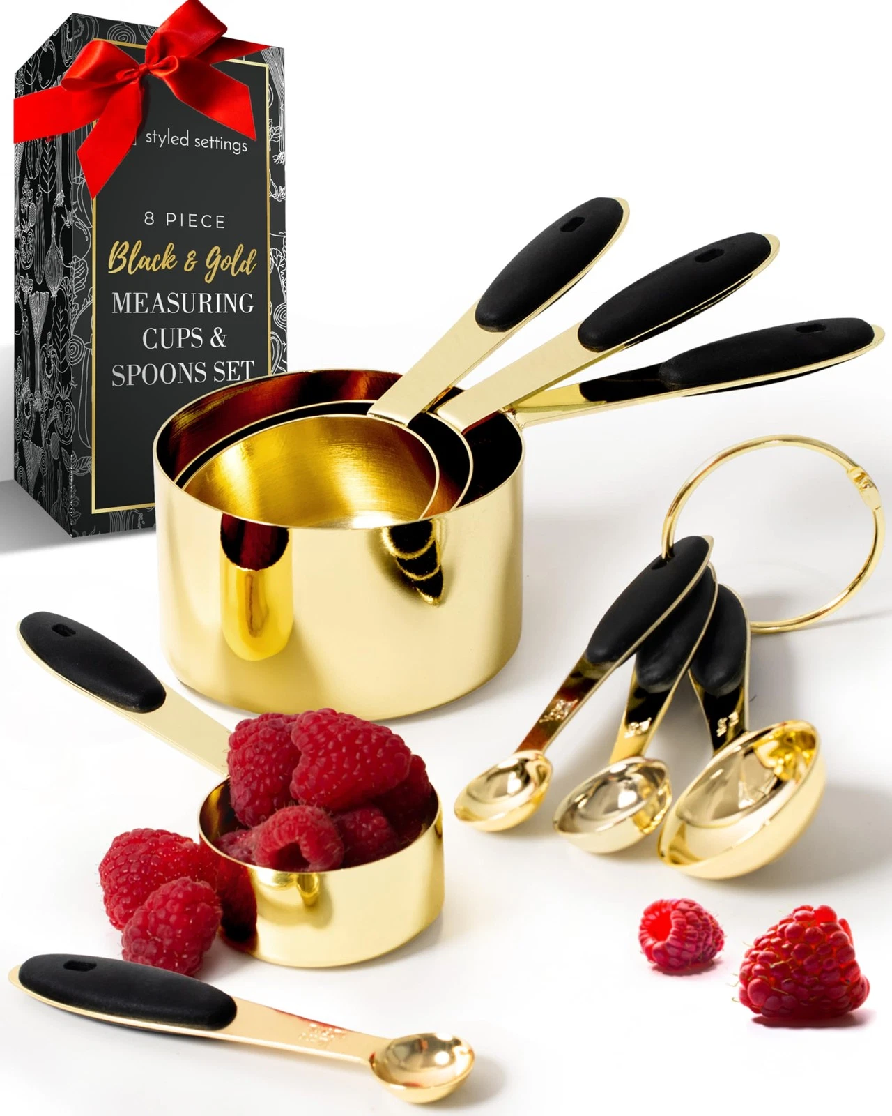 Styled Settings Black and Gold Measuring Cups and Spoons Set - 8PC Stainless ...