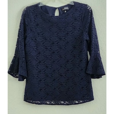 TOP/BLOUSE-THE LIMITED-Navy Blue-Lace-Lined-Bell Sleeves-Neck Button-SIZE MED