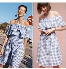 Anthropologie 11.1 Tylho Blue Gingham Ruffle Off-The-Shoulder Dress XS Petite Wi