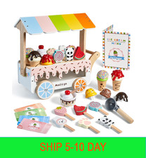 Wooden Ice Cream Cart Toy Playset with Ice Cream Toys Pretend Play Food Truck Pl