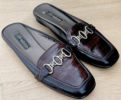 Brighton Made in Italy Brown Crocodile Pattern Leather Silver Chain Mules Sz 8.5