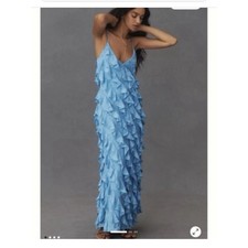 Anthropologie BHLDN Gown Dress Jia Bias-Cut Ruffled V-Neck Sky Blue Size 6