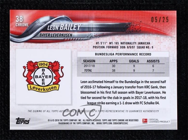 2018 Topps Chrome Bundesliga Orange Refractor /25 Leon Bailey #38 Rookie Auto RC - Image 2 of 2