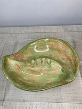 VTG Pottery Green Yellow Ashtray Table Top Dish Trinkets Ash Tray MCM