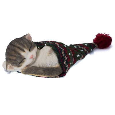 Sleeping Gray Kitten In Knit Woven Hat Figurine Cat Statue 6.5'' Long Resin New