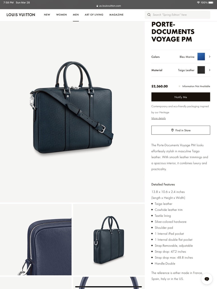 Louis Vuitton Porte-Documents Voyage PM Briefcase Taiga Leather