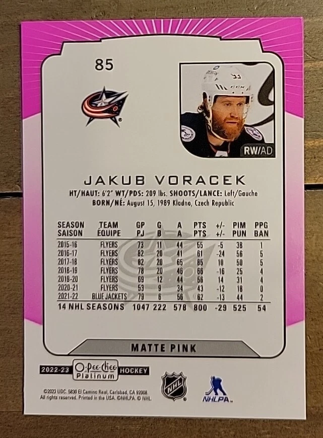 2022-23 O-Pee-Chee Platinum OPC  Matte Pink #85 Jakub Voracek Columbus Blue  - Image 2 of 2