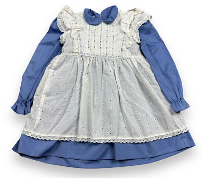 Vtg Polly Flinders Girls Dress 5 Flower Embroidered Pinafore Apron Eyelet  Lace