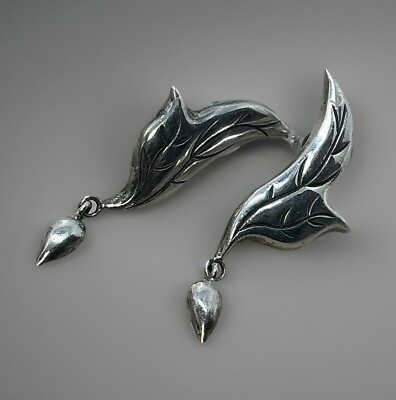 CYNTHIA GALE Handmade Etched 925 Sterling LEAF & SEED Dangle Post Earrings 6.4g