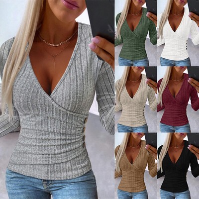 Sexy Damen Langarm T-Shirt V-Neck Pullover Knopf Bluse Slim Top Oberteile Tunika