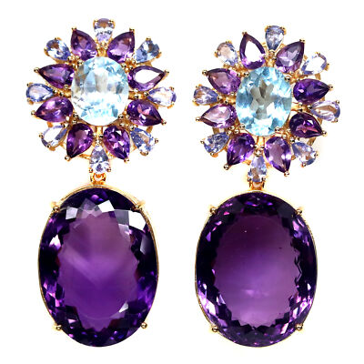 Gemstone 19 X 25 Purple-Amethyst, Topaz Tanzanite Earrings 925 Silver 